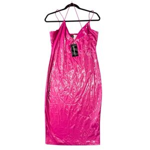 NWT SHEIN Hot Pink Metallic Crinkle Slip Dress Womens L Party Club Midi Y2K Glam